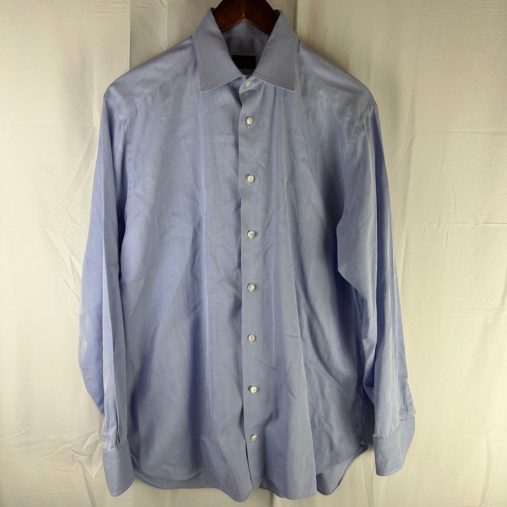 Ermenegildo Zegna Su Misura Mens Light Blue Herringbone Dress Shirt RSV Monogram